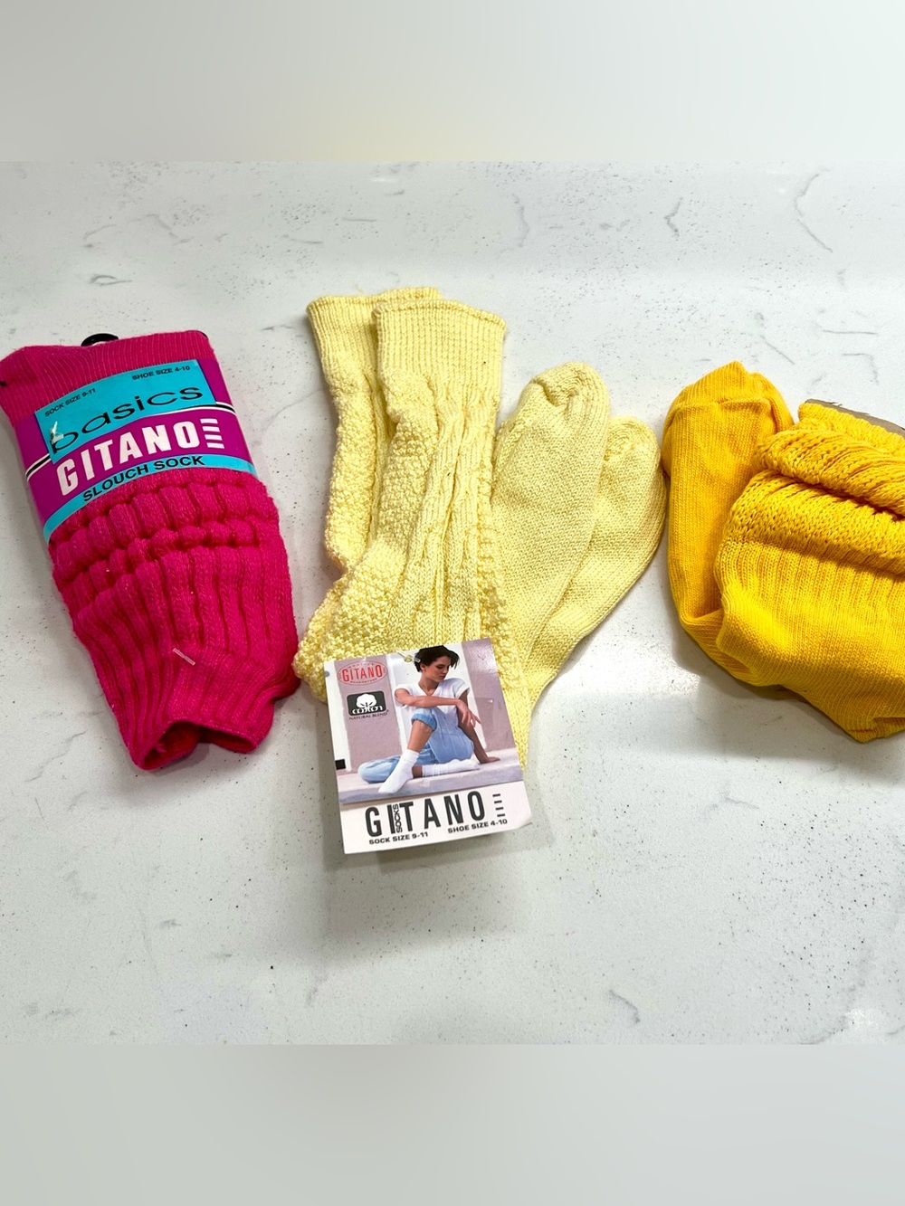 Vintage Gitano 80s New Ribbed Slouch Scrunch Socks USA Cotton Pink & Yellow New